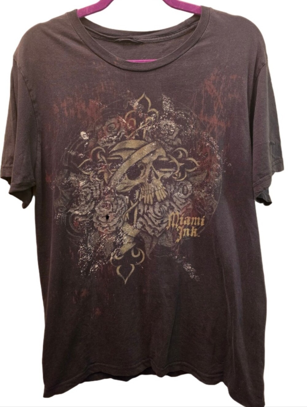 Y2K Miami Ink Skull Roses Tattoo Graphic T Shirt Faded Distressed 21" P2P